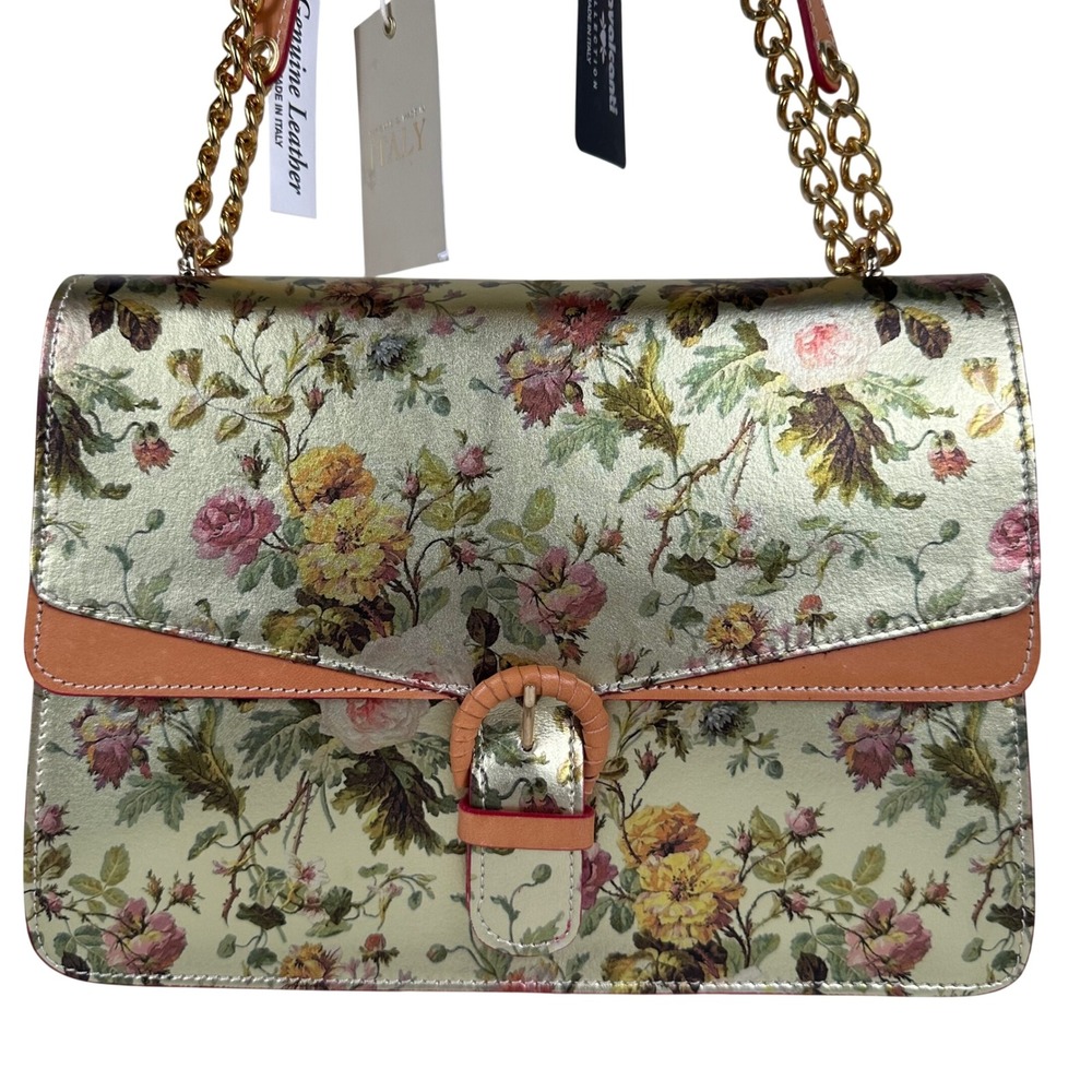 NWT Cavalcanti Wild Rose Platino Gold Leather Shoulder Bag Women Med Italy New
